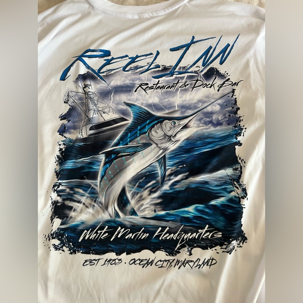 OC Reel In White Graphic Tee with Marlin Design